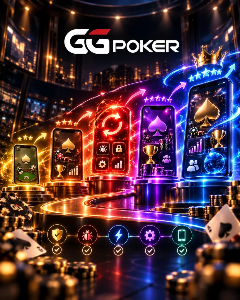 GGPoker app evolution showing progressive updates, performance improvements, security enhancements and next-generation features.