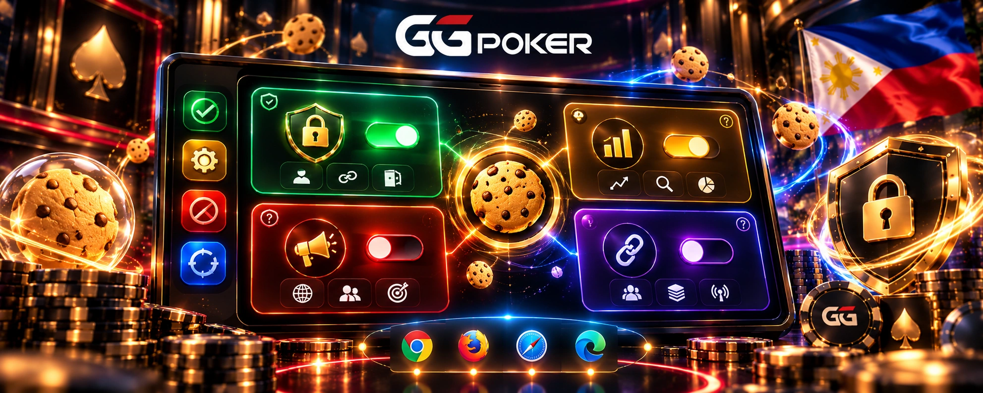 GGPoker sa Pilipinas - dashboard para sa kontrol ng cookies na may essential, analytics, advertising at third-party privacy settings.