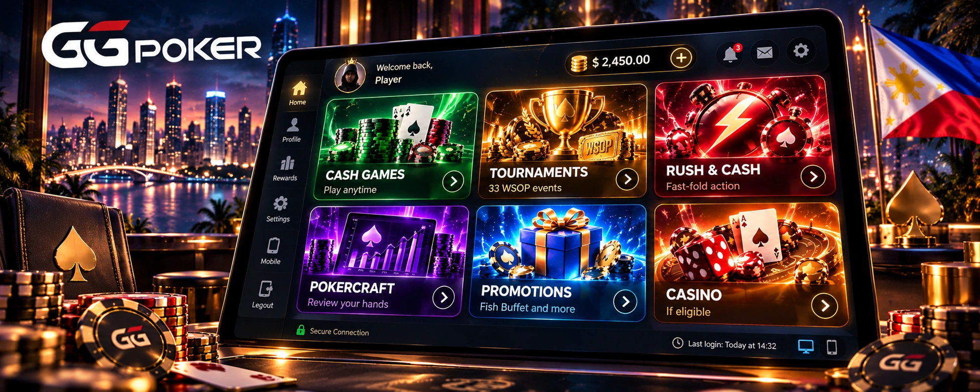 GGPoker login dashboard showing Cash Games, Tournaments, Rush & Cash, PokerCraft, Promotions and Casino features.