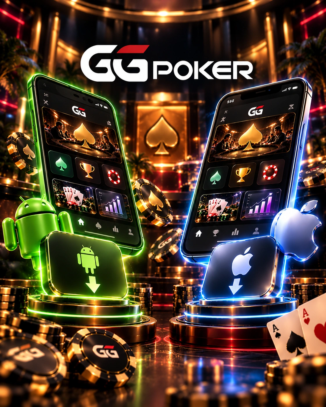 GGPoker mobile app with Android and iOS smartphones, poker interface, download icons and premium casino-style design.