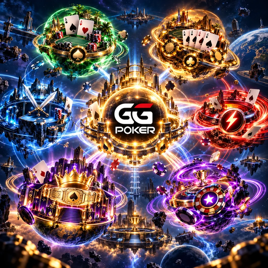 GGPoker poker universe featuring Cash Games, Pot-Limit Omaha, Rush & Cash, Spin & Gold, WSOP events and Short Deck.