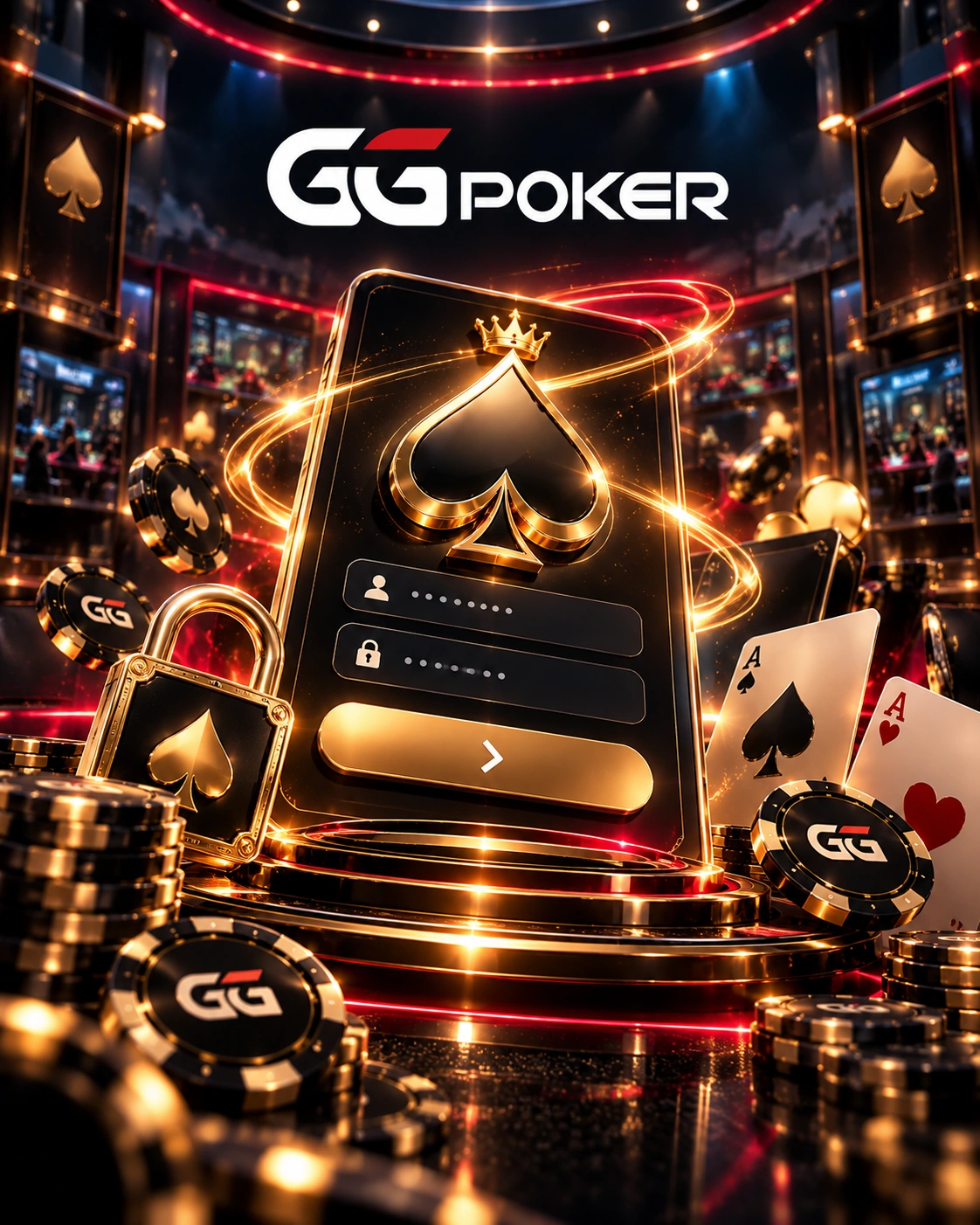 GGPoker secure login portal with a gold spade, padlock, username and password fields, poker cards and chips.