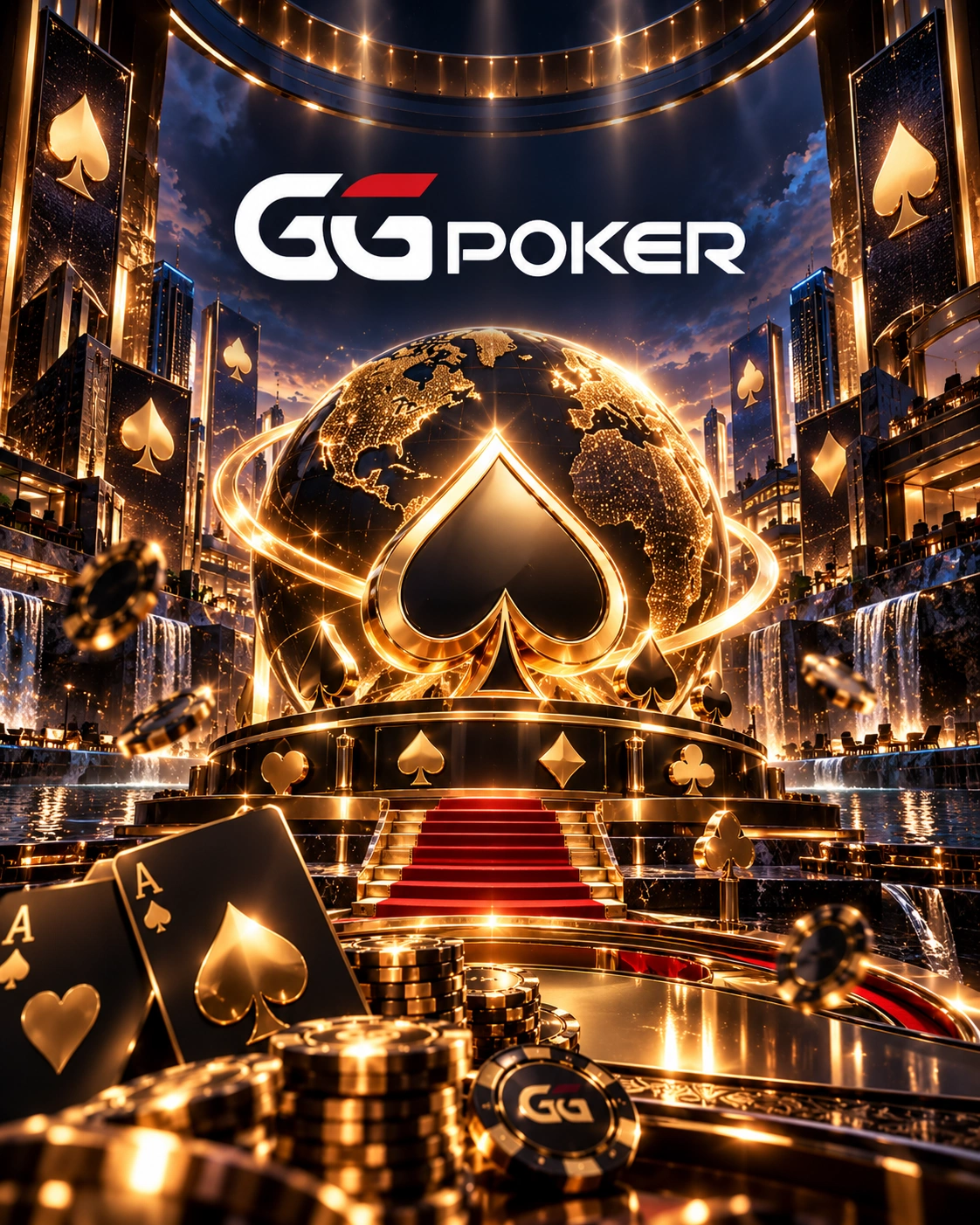 GGPoker sa Pilipinas - premium na imahe ng brand na may gintong spade, mga baraha, poker chips at marangyang casino na kapaligiran.
