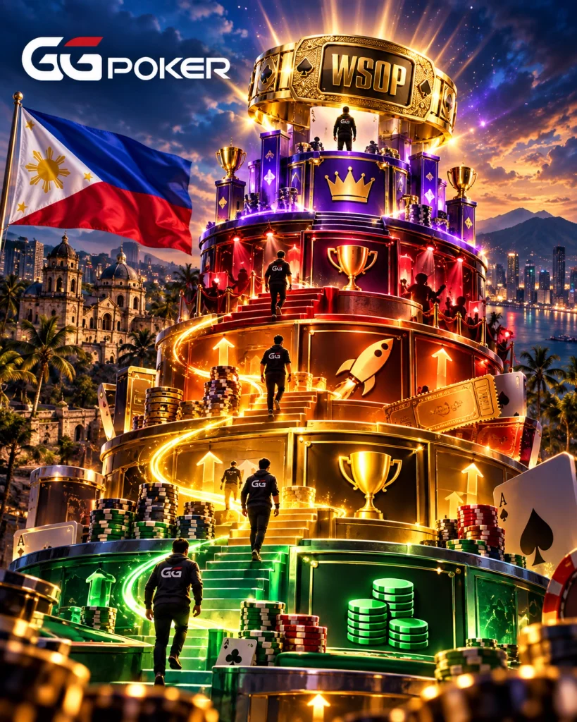 GGpoker championship path with cash games, tournaments, satellite events and WSOP bracelet stages.